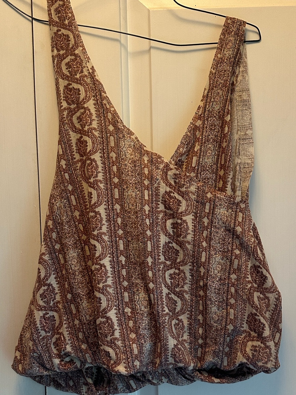 Boho Paisley Sleeveless V-Neck Top in Brown and Cream